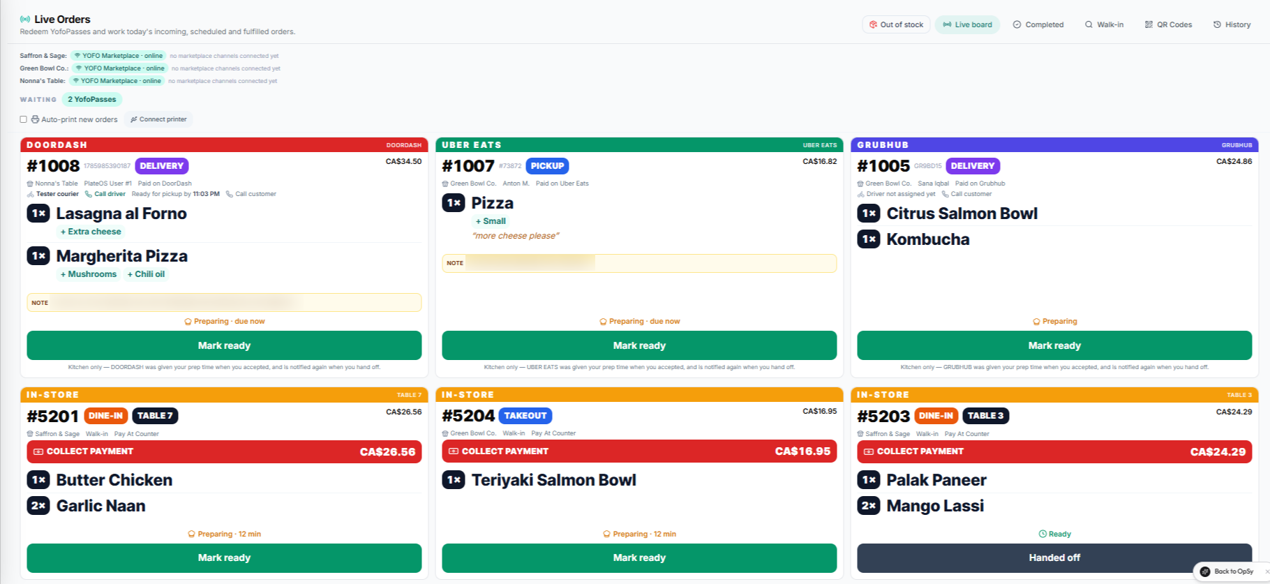 The PlateOS OrderHub board with channel-labelled tickets and preparation actions
